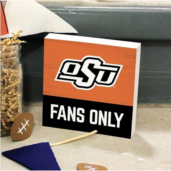 Oklahoma State University Fans Only 5.5 x 5.5 MDF Wood Tabletop Block Sign - Picture 1 of 3